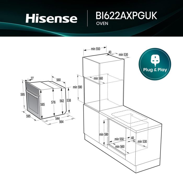 Hisense BI622AXPGUK 59.5Cm Built In Electric 77L Single Oven - Black & Stainless Steel