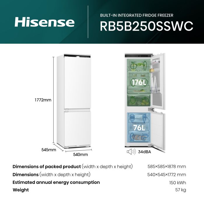 Hisense RB5B250SSWC1 Integrated 60/40 Total No Frost Smart Fridge Freezer Convert Function