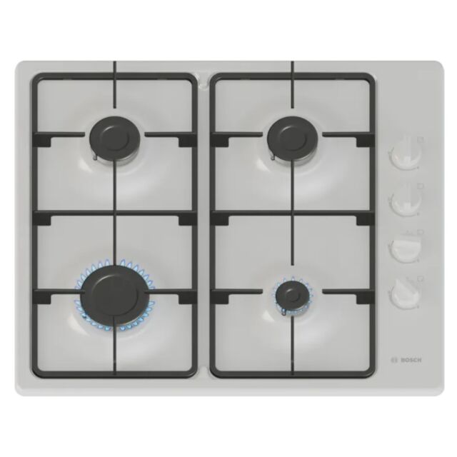 Bosch PBP6B2K60 White 60cm, 4 burners, 2 Cast iron finish supports, new standard sword dials, Side c