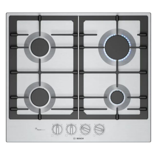 Bosch PCP6A5I90 Brushed steel 60cm, 4 burners, Optimised FlameSelect, 2 Dishwasher suitable cast iro