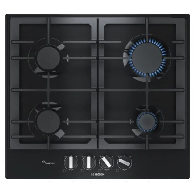 Bosch PCP6A6B90 Black 60cm, 4 burners, FlameSelect, Cast Iron supports 