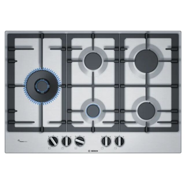 Bosch PCS7A5B90 Brushed steel 75cm, 5 burners, 5kW Wok burner, FlameSelect, Cast Iron supports, Flag