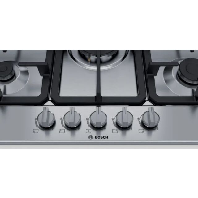 Bosch PGQ7B5B90 Brushed steel 75cm, 5 burners, 3.3kW Wok, Cast Iron supports, Star layout