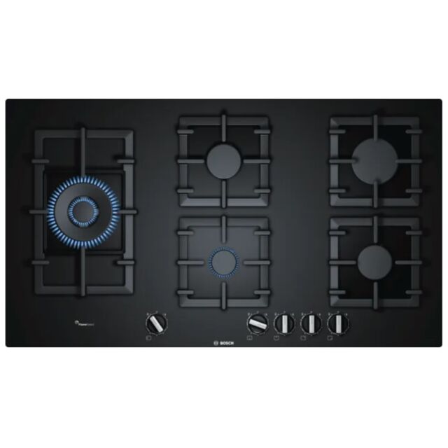 Bosch PPS9A6B90 Black Glass 90cm, 5 burners, 4kW Wok burner, FlameSelect, Cast Iron supports, Flag l
