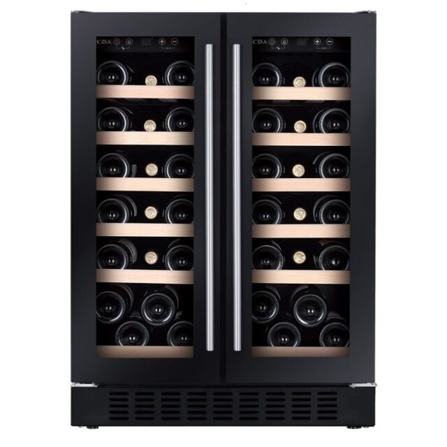 CDA CFWC624BL Black Fs/Under Counter H825 W595 Double Door Wine Cooler, 38 75Cl Bottles