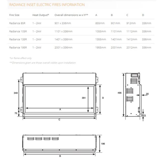 Gazco 219-148 RADIANCE 85R Frameless Recessed Electric Fireplace