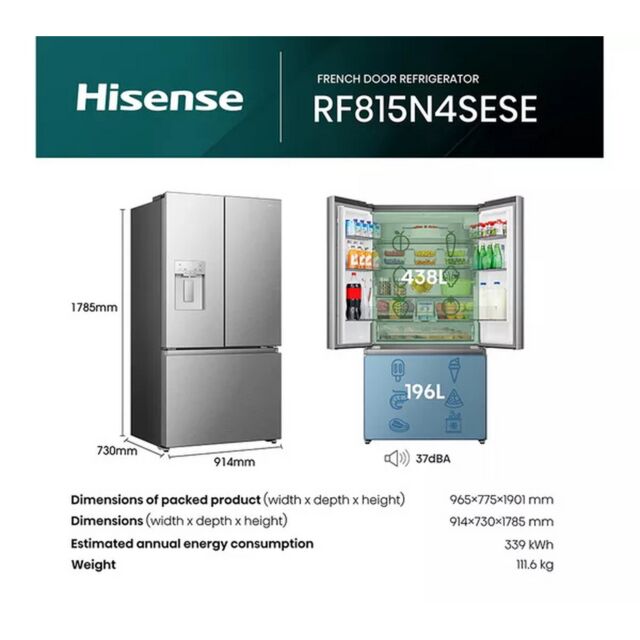 Hisense RF815N4SESE S/Steel American Food Center Plumbed H1785 W914 D730