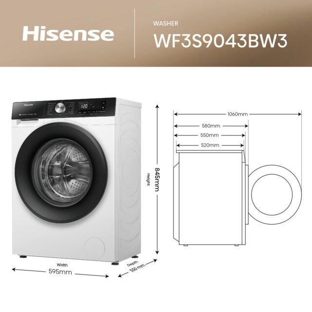 Hisense WF3S9043BW3 9kg 1400 Spin Washing Machine - White