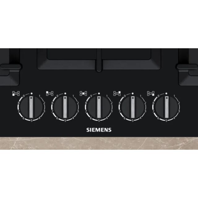 Siemens EP7A6QB90 Black Tempered 75cm, 5 burners, 4.0kW Wok burner, stepFlame, Cast Iron supports, S