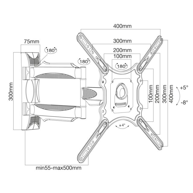 TTAP TTD202DAEX Black Double Arm, Tilt -8 - +5°, Swivels 90°, Ext 500Mm, Wgt 35Kg, 17inch To 55inch
(Above