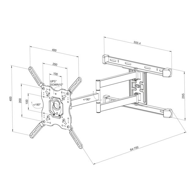 TTAP TTD404DAEX Black Double Arm, Tilt -5 - +10°, Swivels 90°, Extends 705mm, Wgt 45Kg,
Up to 65inch (A