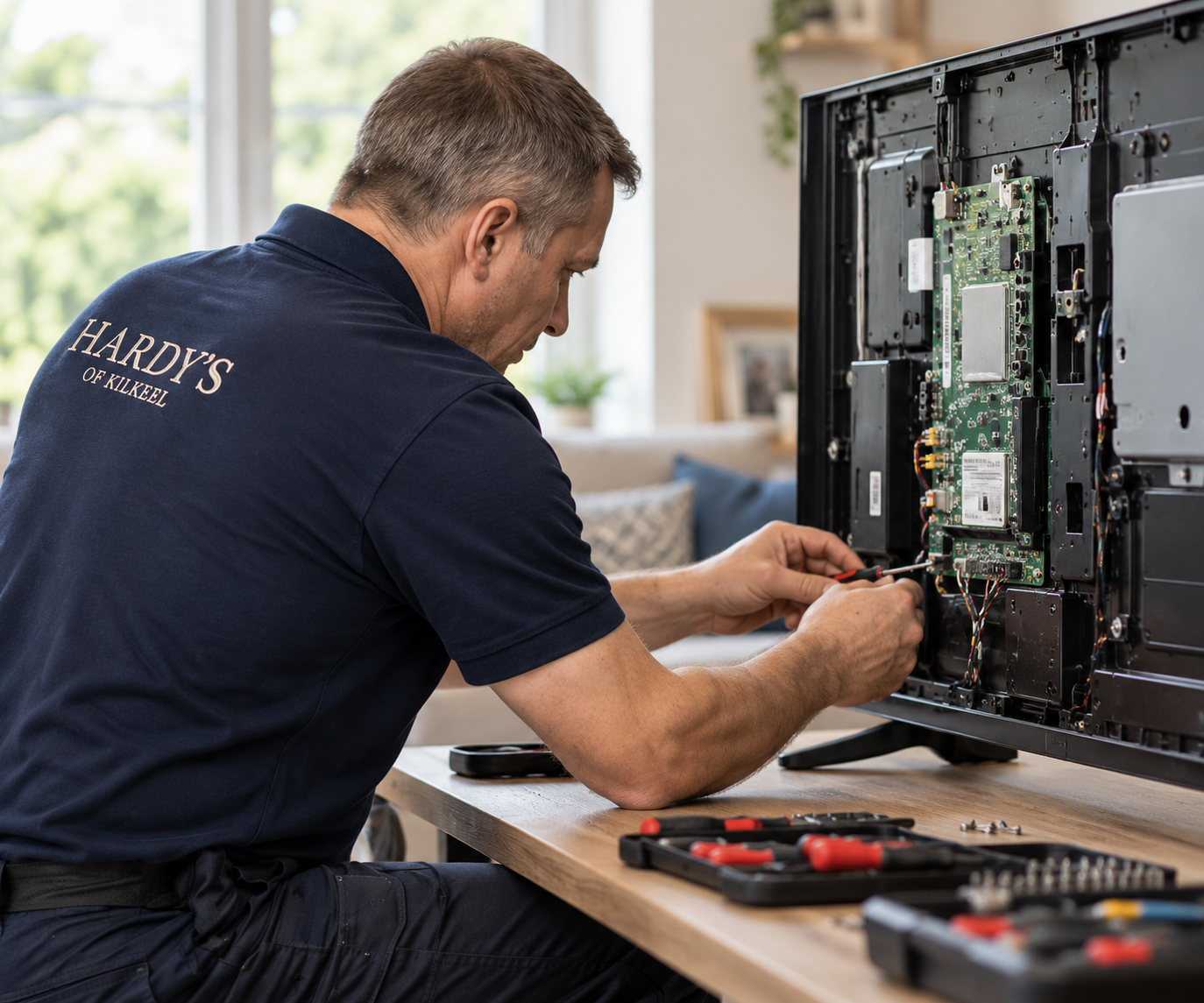 An engineer in Hardy’s workwear repairing a television