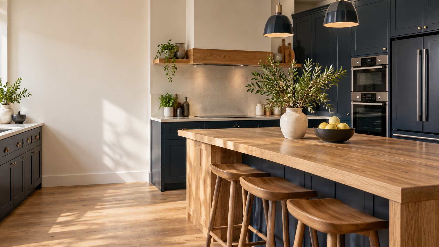 Navy kitchen cabinetry, fitted ovens and a warm oak island