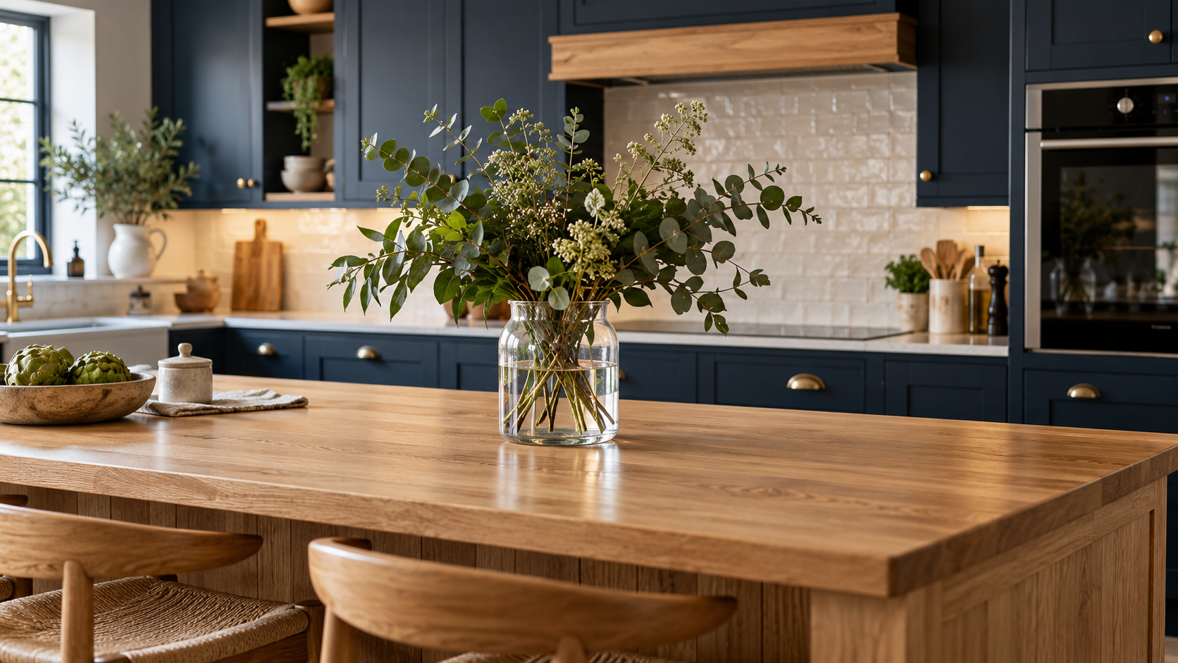 Oak kitchen island with fresh greenery and navy cabinetry
