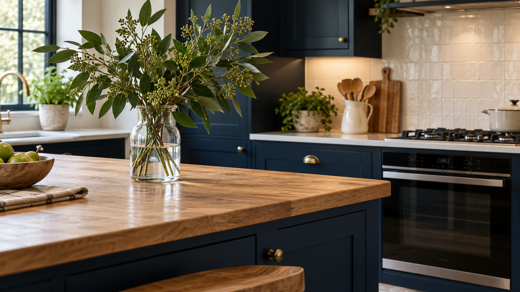 Navy kitchen cabinetry, a fitted oven and an oak island with fresh greenery