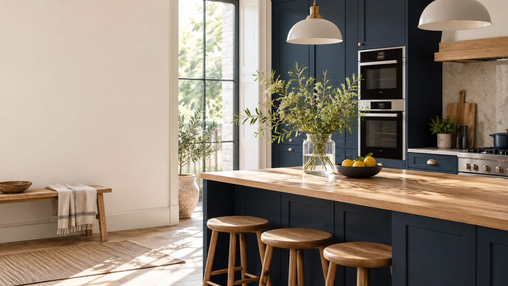 Navy kitchen cabinetry, fitted ovens and a warm oak island