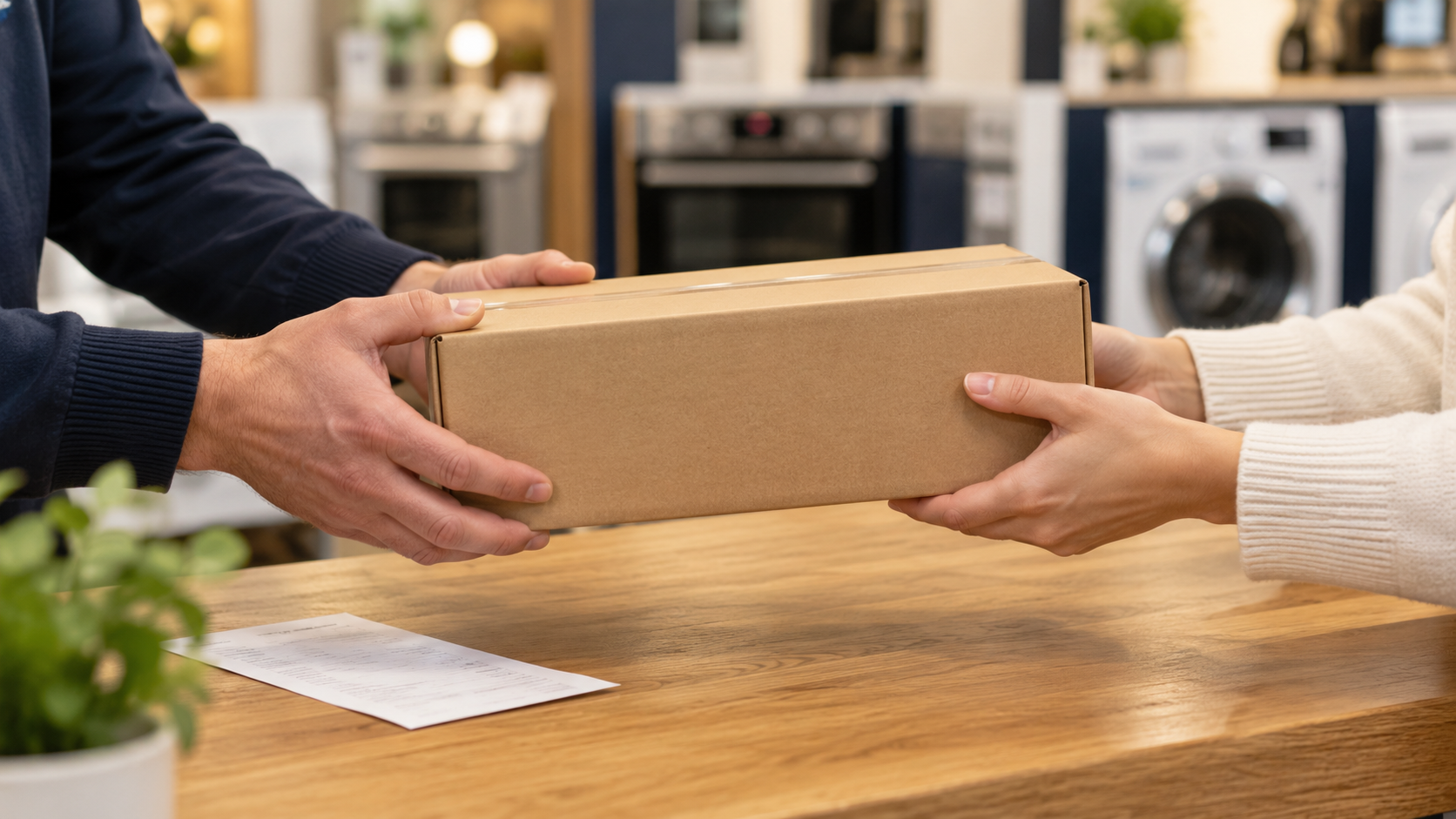 A boxed appliance being returned at a counter
