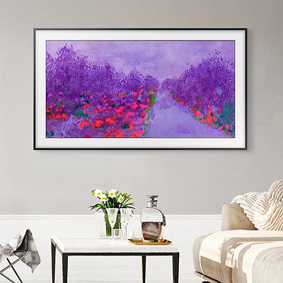 Samsung framed TV displayed as wall art in an airy living room. Links to Tv & Entertainment category.
