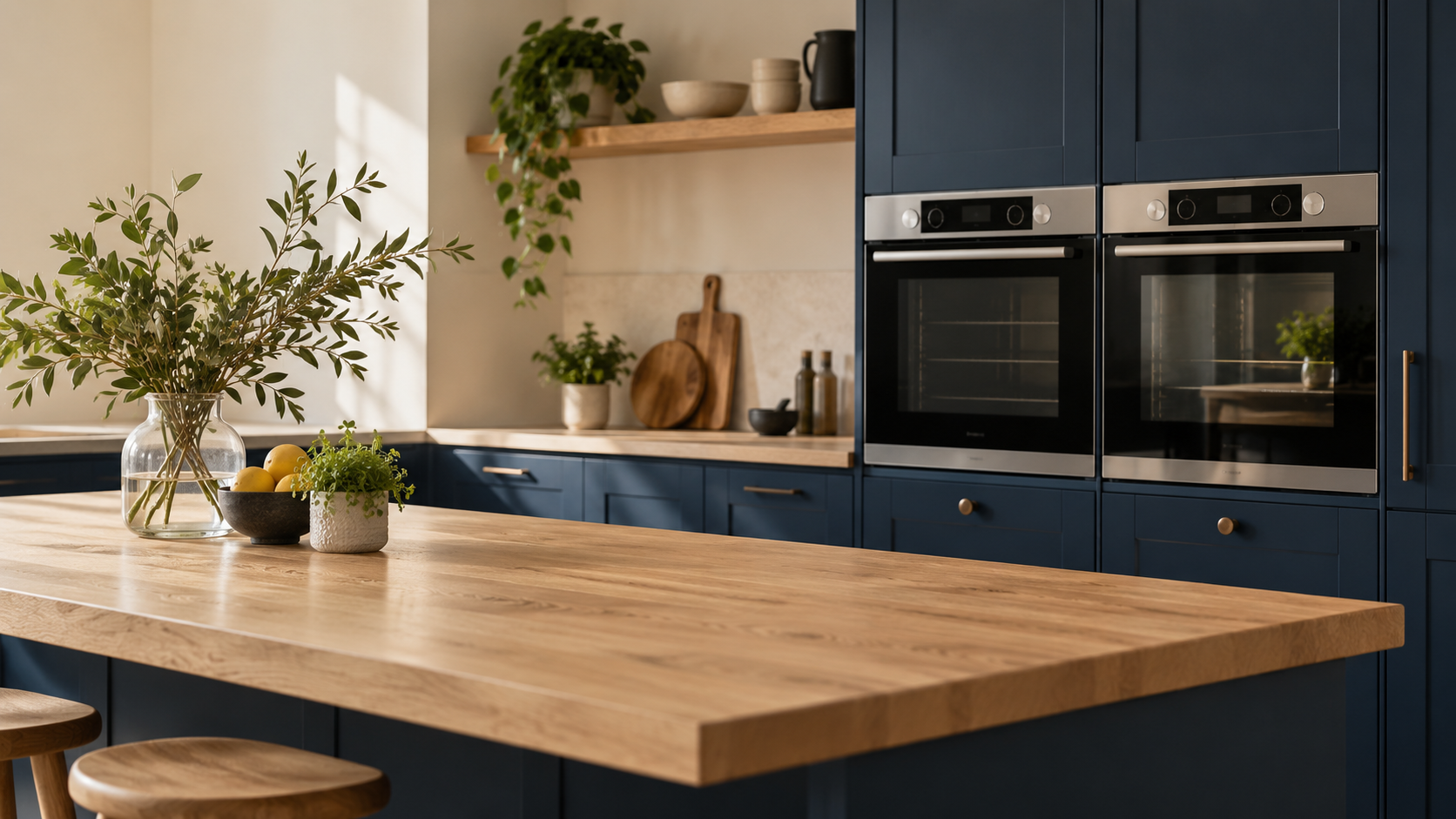 Contemporary kitchen with fitted ovens and warm wood finishes