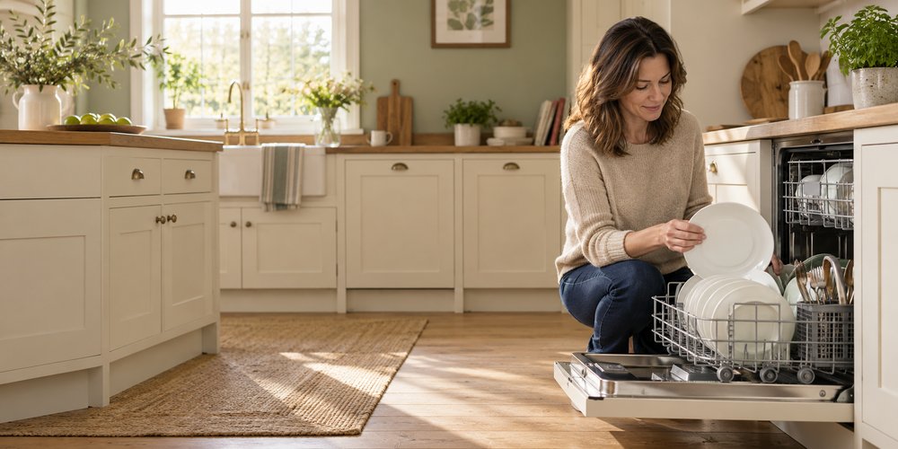 A woman unloading plates from a dishwasher