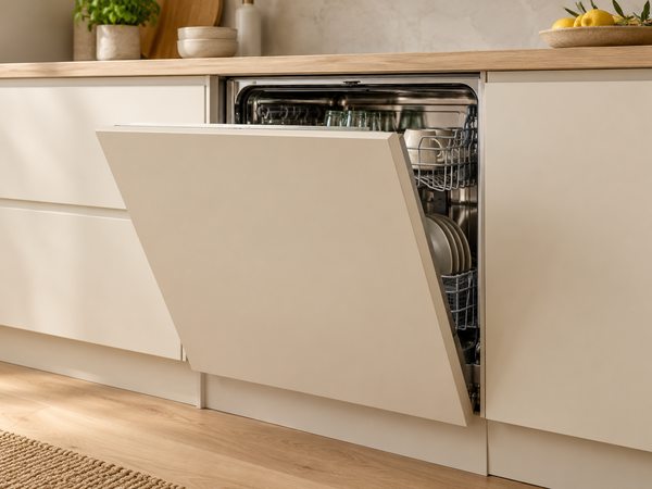 Illustration of an integrated dishwasher behind a kitchen cabinet door