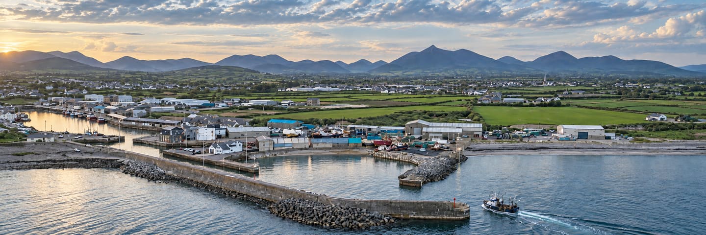 The harbour and Mourne Mountains near Kilkeel