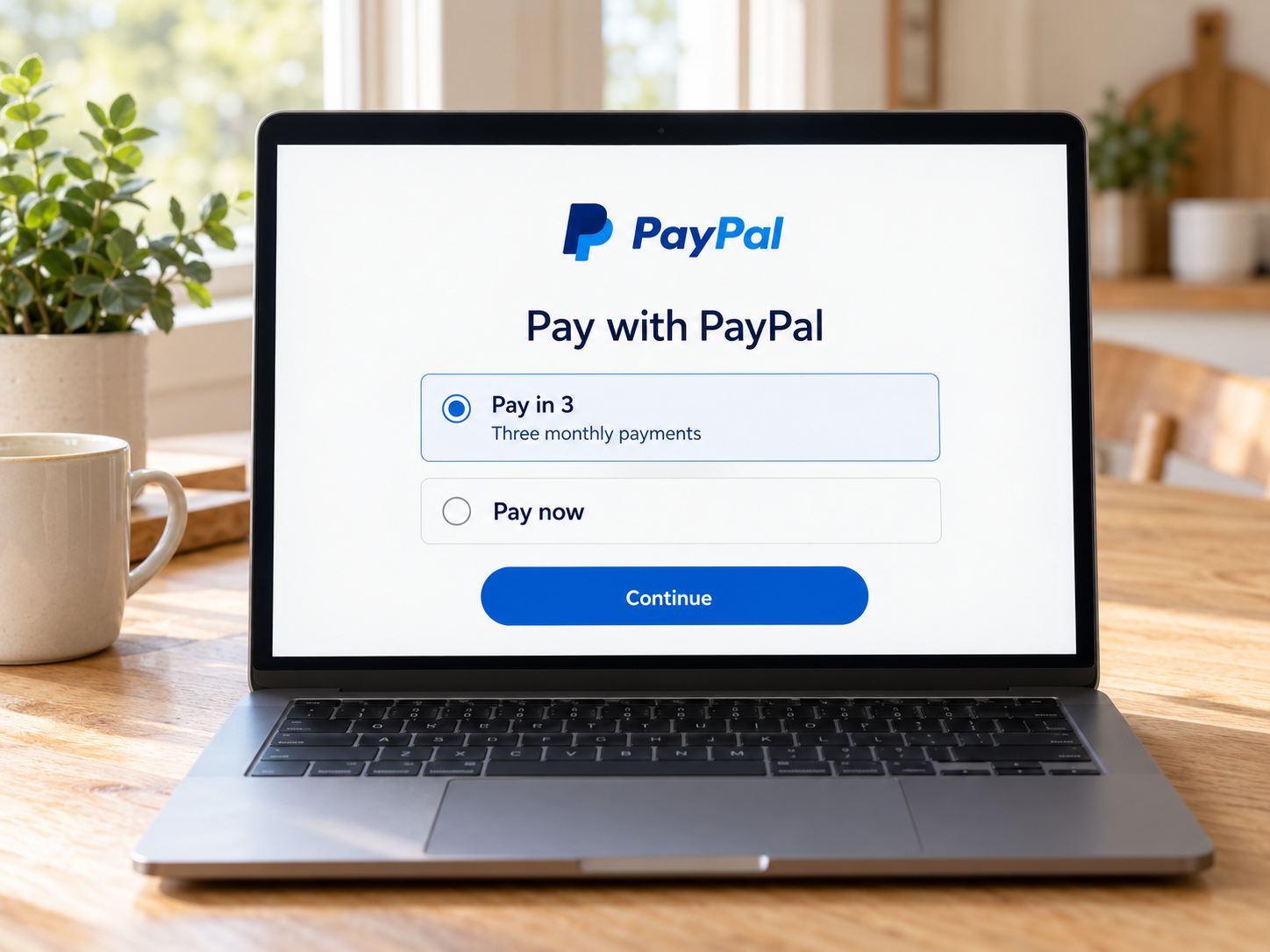 Laptop displaying an illustrative PayPal Pay in 3 checkout screen
