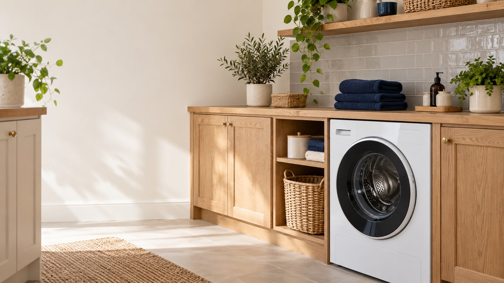 Washing machine in a warm, contemporary utility room