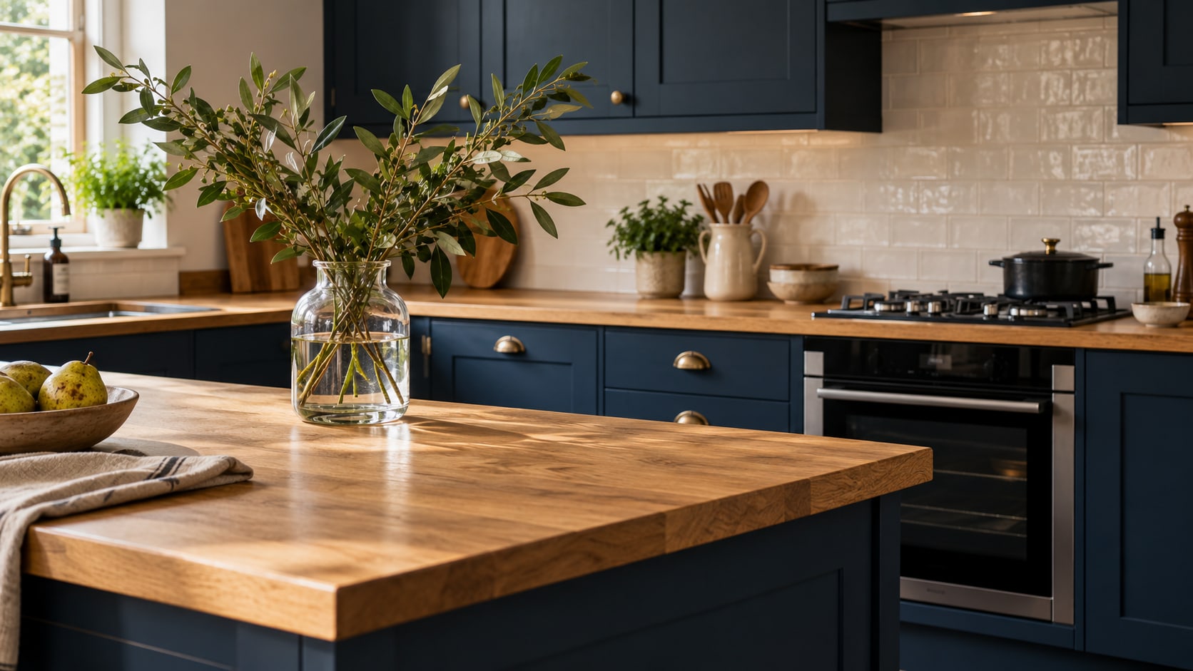 Navy kitchen cabinetry, a fitted oven and an oak island with fresh greenery